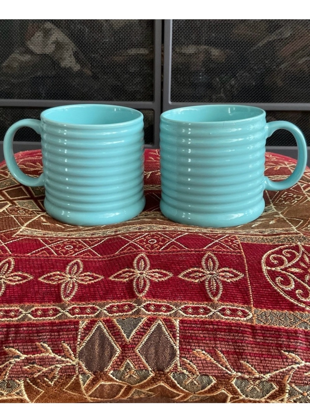 Pier 1 Aqua Turquoise Ribbed Coffee Mugs Set 2 Coastal Cottage - Picture 2 of 12